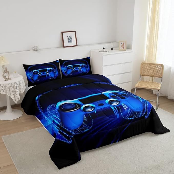 Feelyou Gamer Bedding Set Kids Video Game Gamepad Comforter Set for Boys Teens Gaming Headset Comforter Breathable Blue Game Controller Duvet Set Room Decor Quilt Set Twin Size
