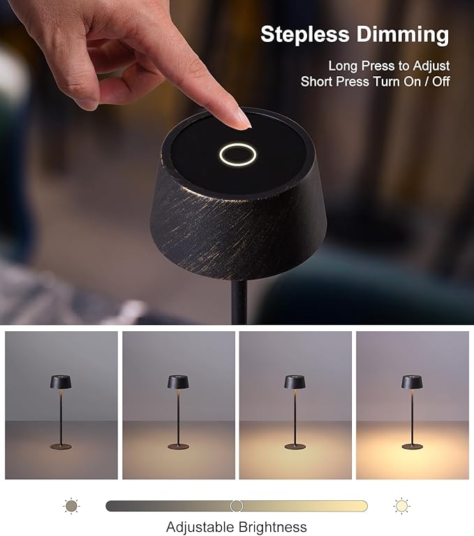 DAWALIGHT Cordless Lamp 4000mAh Rechargeable tbale lamp LED Desk Lamp Stepless Dimming Vintage Copper Battery Operated Portable Cordless 2700K Vintage Copper Base
