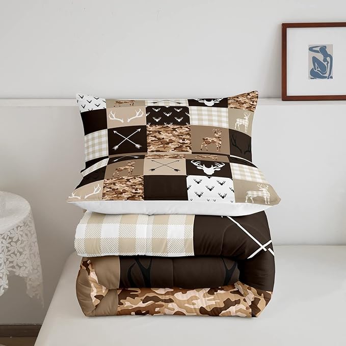 Camo Deer Antlers Kids Comforter Set Twin Size,Geometric Plaids Lattice Patchwork Comforter,Brown Rustic Farmhouse Duvet Insert,2pcs,1 Pillowcase