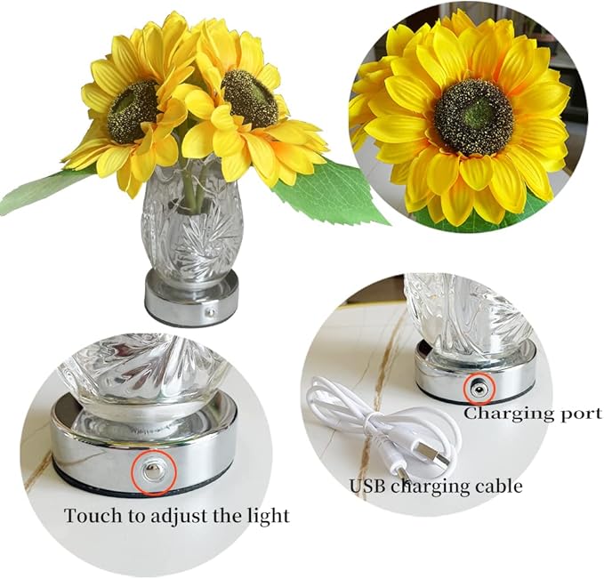 Sunflower Lamp Artificial LED Sunflower Flowers with Glass Vase Table Lamp Night Light for Home Office Decor House Decorations Gift Idea - Rechargeable (3Sunflower)