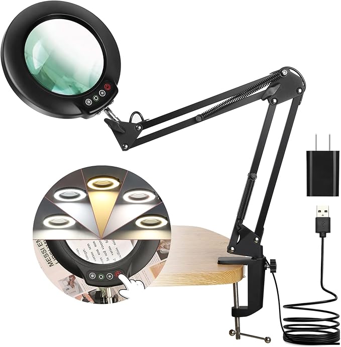 Veemagni 8X Magnifying Glass with Light, 5 Color Modes Stepless Dimmable, Adjustable Swing Arm LED Lighted Desk Lamp with Clamp, Hands Free Magnifier with Light and Stand for Craft Hobby Close Works