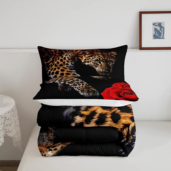 Erosebridal Red Rose Cheetah Comforter Set Full Size Leopard Print Comforter Rose Flower Down Comforter for Kids Boys Girls Youth Men Women African Savanna Wildlife Animal Theme Duvet Set, Red Black