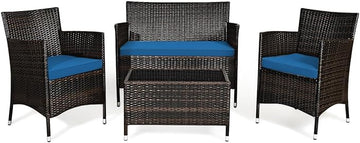 Goplus 4-Piece Rattan Patio Set, Outdoor/Indoor Wicker Conversation Set for Pool, Backyard, Lawn, Wicker Chairs and Sofa with Soft Cushion, Rattan Furniture with Tempered Glass Coffee Table
