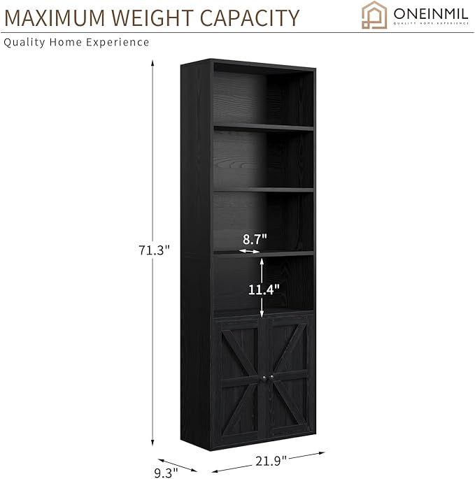 oneinmil 6 Tier Bookcase Set of 2,Wooden Bookshelves with Cabinet Doors, Floor Bookshelf and Office Storage Cabinets for Living Room,Black