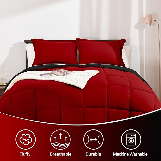 Basic Beyond Queen Comforter Set - Fluffy Comforter Queen Set for All Seasons - Reversible Red and Black Comforter Set Queen for Mens - 3 Pieces (1 Comforter + 2 Pillow Shams)