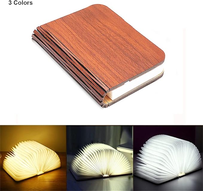 Folding Book Lamp Novelty Wooden Table Lamp Portable Desk Light LED Paper Lantern with USB Rechargeable for Gift Home Office Decor