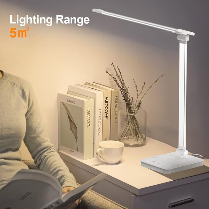 Desk Lamp Eye-Caring LED Table Lamp Dimmable Bedside Lamp with 2 USB Charging Ports and 10 Brightness Levels x 5 Colour Modes Touch Control Daylight Lamp for Office, Bedside, Reading- Auto Timer