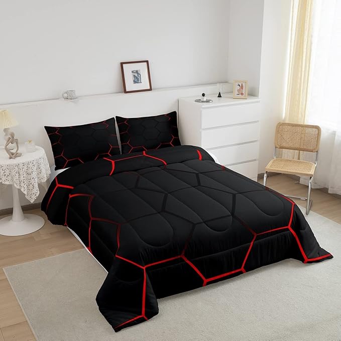 Honeycomb Bedding Set Honeycomb Modern Geometry Hexagon Theme Comforter Set for Kids Boys Children Geometrical Comforter Ultra Soft Beehive Black Red Decor Duvet Set Queen Size