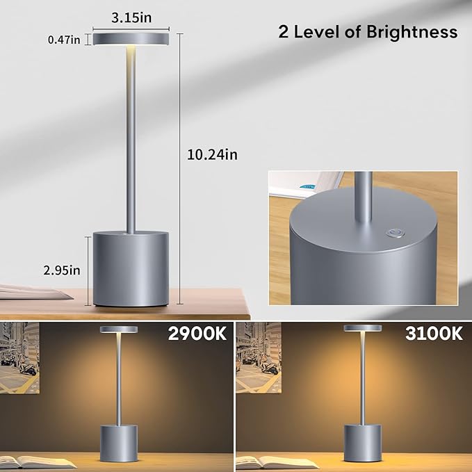 Rechargeable Cordless Table Lamp, 10.25in Small Outdoor Portable Battery Operated Desk Lamps 2 Levels Dimmable Powered Night Light for Dining Restaurant Bar Garden Patio Bedroom Grey