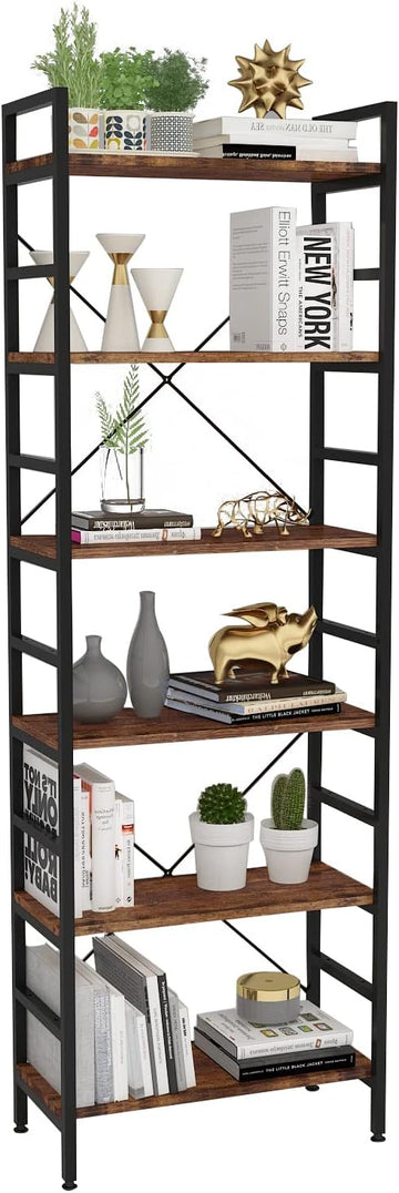 6 Tier Industrial Bookcase Shelf,Tall Bookshelf Industrial Corner Storage Organizer for Bedroom/Living Room/Home Office - Rustic Brown Modern Book Shelf for Books and Movies