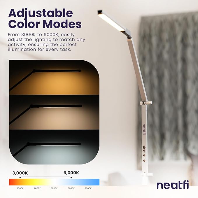 Neatfi LED Desk Lamp with Clamp, Touch & Remote Controlled, Stepless Dimming, 3 Color Modes, 3000-6000K, Detachable Shade, Flicker-Free, 360° Rotation, Wide Angle Lighting (Modern, Silver)