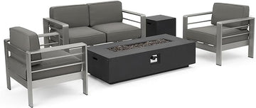 Christopher Knight Home Cape Coral Outdoor Chat Set with Fire Table, 5-Pcs Set, Khaki / Dark Grey