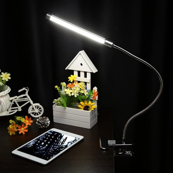 Meichoon Desk Lamp with Clamp Flexible Metal Hose Desktop Clip-On LED Illuminating Light Eye-Caring Table Lamp for Bedroom Bedside Office Study Work Reading Embroidery UK10 White