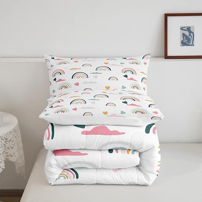 Erosebridal Kids Rainbow Bedding Set, Girly Love Heart Comforter Set Full Size Cartoon Rainbow Cloud Duvet Sets for Girls Boys Women Bedroom Decor, Soft Microfiber Down Comforter 3 Pieces,Colorful