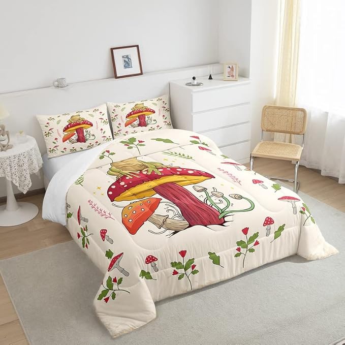 Feelyou Frog Print Bedding Set Kids Kawaii Decor Comforter Set Frog Mushrooms Comforter Cover Set for Room Decor Botanica Cute Mushroom Decor Beige Red Duvet Set Queen Size 3Pcs Quilt Set