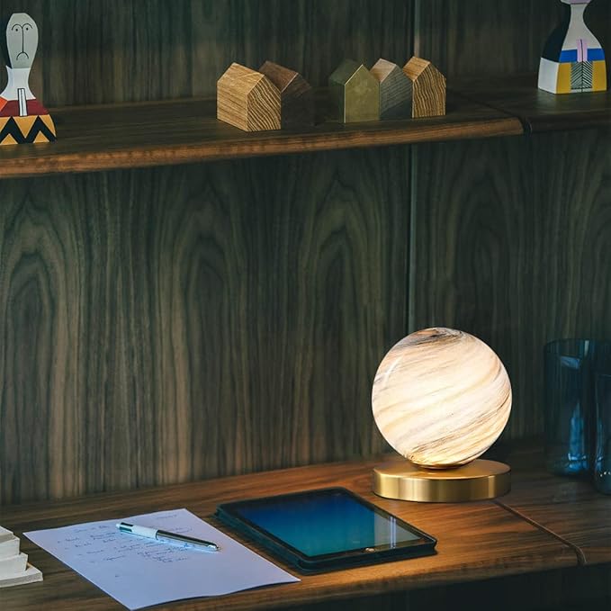 Bedside Table Lamp Gold Desk Lamp Reading Lamp with Handblown Glass Globe Shade, Plug in Table Desk Lamp for Bedroom Office Library Study Room (Moon Shade)