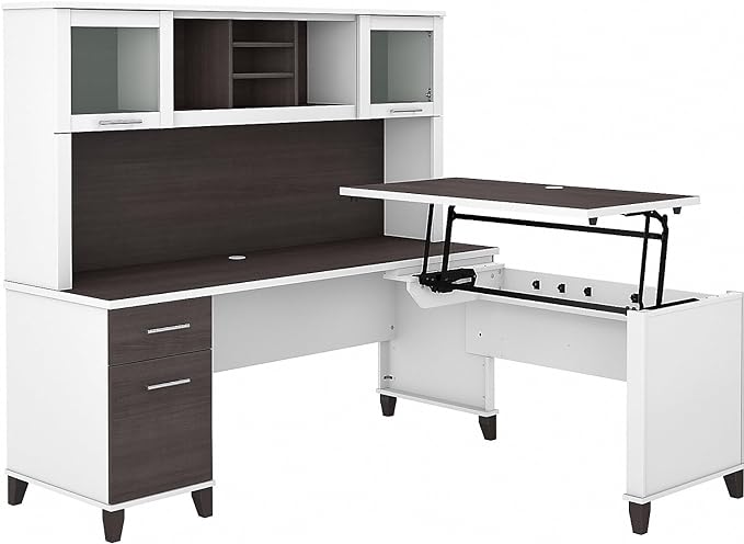 Bush Furniture Somerset 72W 3 Position Sit to Stand L Shaped Desk with Hutch in White and Storm Gray