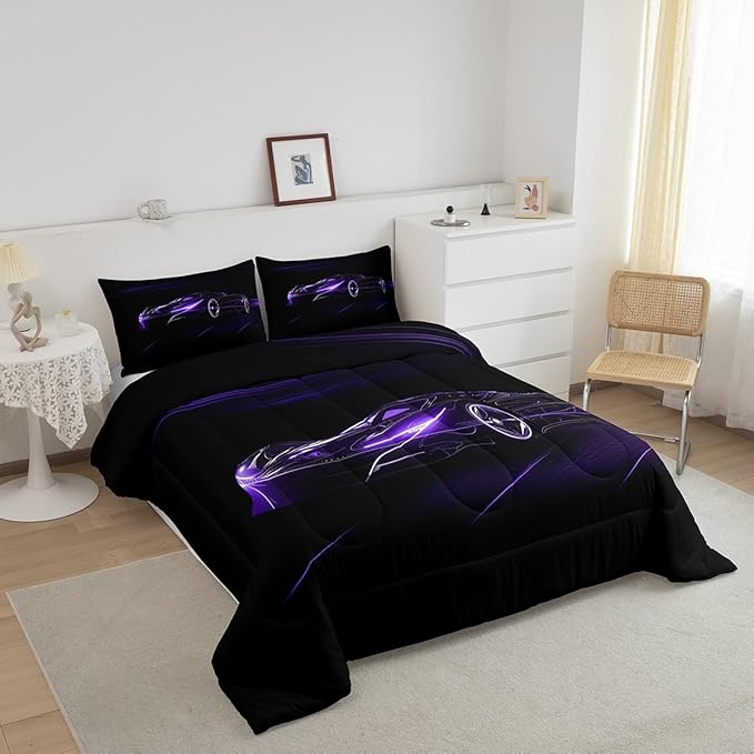 Feelyou Dull Purple Race Car Bedding Set Queen Size for Kids Boys Extreme Sport Games Comforter Set Teens Toddler Fast and Furious Duvet Set Cool Modern Quilt Set 3Pcs