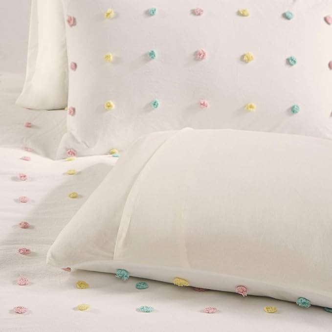 Callie Cotton Jacquard Weave Colorful Pom Pom Kids Comforter sets, Down Alternative Shabby Chic All Season Girls Bedding, Bedroom Decor, Full/Queen, Multi 5 Piece