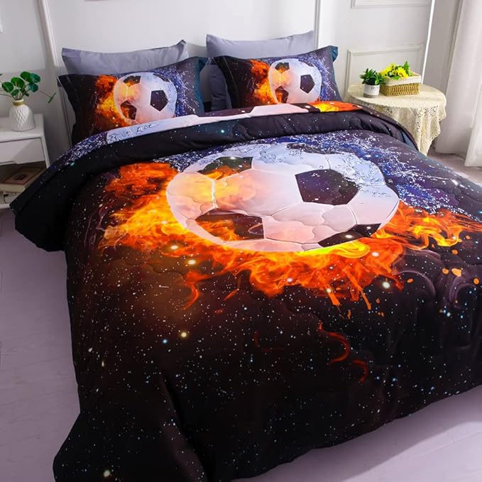 Wajade Football Soccer Comforter Set Bed in A Bag Twin Size 3D Galaxy Soccer Ball Sports Bedding Set for Boys Kids (1 Comforter, 1 Flat Sheet, 1 Fitted Sheet, 2 Pillowcase and 2 Pillow Sham)