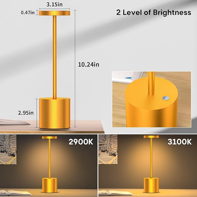 Rechargeable Cordless Table Lamp, 10.25in Small Outdoor Portable Battery Operated Desk Lamps 2 Levels Dimmable Powered Night Light for Dining Restaurant Bar Garden Patio Bedroom Gold 2pack