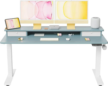 FEZIBO 60 x 24 Inch Height Adjustable Electric Standing Desk with Double Drawer, Stand Up Desk with Storage Shelf, Sit Stand Desk, Blue