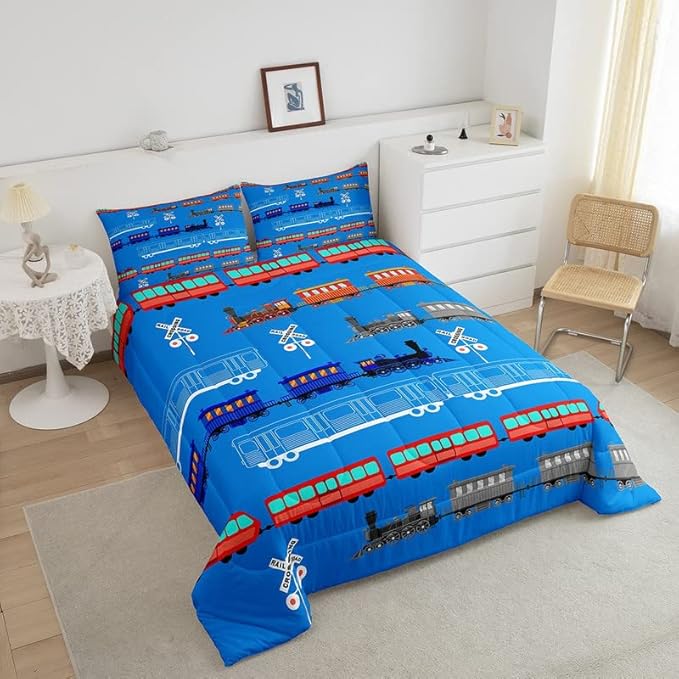 Feelyou Cartoon Car Comforter Set for Kids Boys Girls Vintage Car Comforter Train Bedding Set Bedroom Decor Retro Steam Train Blue Light Sign Duvet Set Twin Size Quilt Set 2Pcs