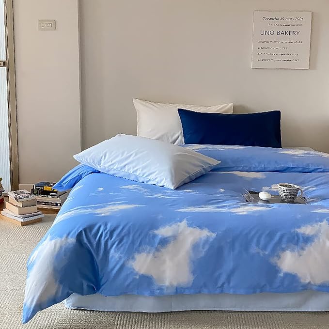 Cotton Blue Cloud Comforter Set Queen Size Sky Blue Comforter Cotton 3 Pieces Soft Light Blue Queen Comforter Bedding Set Women Solid Blue Queen Bed Comforter Set for All Season as Gift