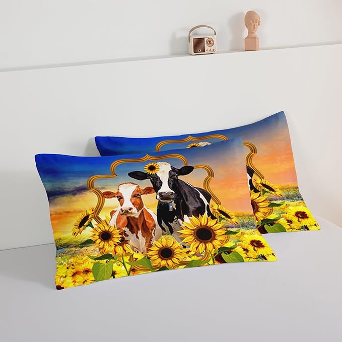 HOSIMA Animal Theme Bedding Set Bull and Cow Comforter with 2 Pillowcases,Sunflower Full Size Comforter Set for Adults Teens Kids,Brown Cowhide Black White Cow Print Western Bedding Sets.