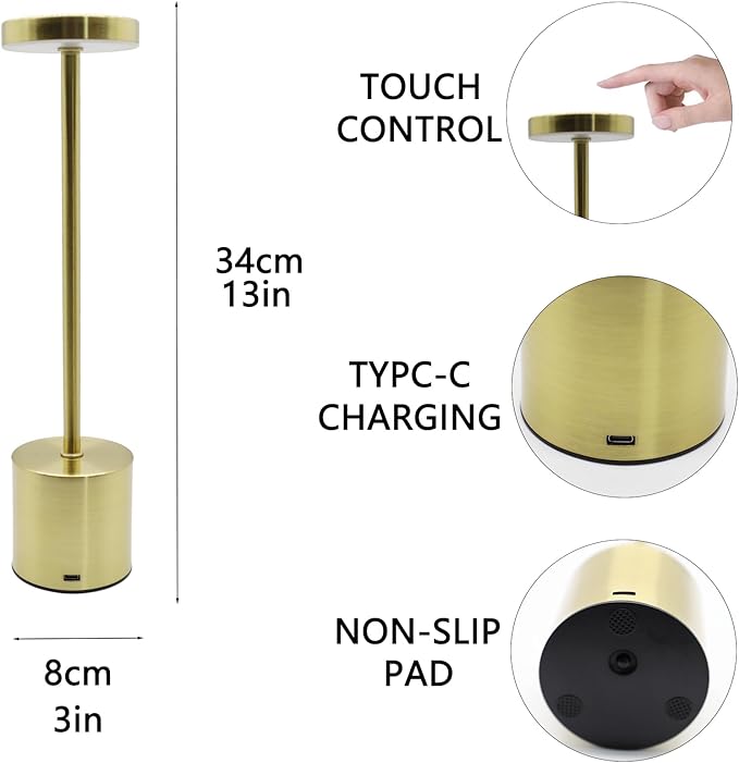 2 Pack Cordless Table Lamp Rechargeable 5000mAh Battery Operated Portable LED Desk Lamp 3 Color Temperature Stepless Dimming for Bedroom Restaurant Coffee Shop Party (Gold)