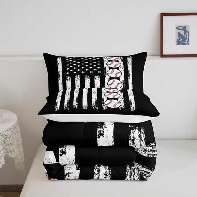 Baseball Comforter American Flag Comforter Set Kids Boys Baseball Sports Games Bedding Set Children Girls Teens Black and White Ball Microfiber Quilt Set Room Decor for All Season Full Size