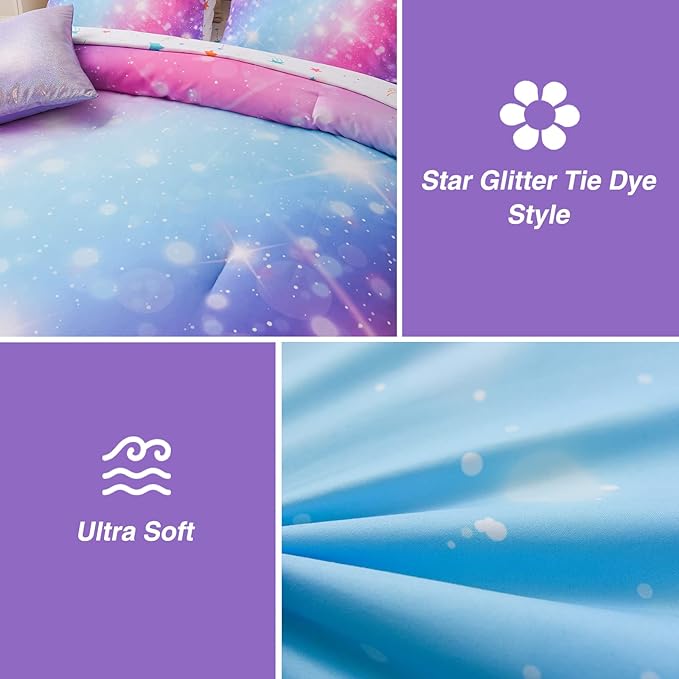 A Nice Night 6Pcs Gradient Glitter Bedding Set for Girls Twin Size, Colorful Rainbow Galaxy Comforter Set, Ultra Soft Bedding Sets, Purple