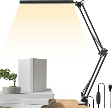 LED Metal Swing Arm Desk Lamp with Clamp, 14W Eye-Caring 3 Modes, 30 Brightness Dimmable, Memory Function/USB Adapter, Architect Table Light for Home Office (White)