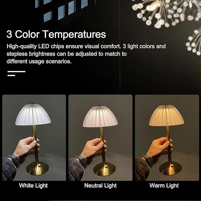 LED Cordless Table Lamp Mushroom Desk Lamp, USB Rechargeable LED Table Lamp with Touch Control Dimmable 3 Light Colors Bedside Lamp Reading Lamp for Bars Restaurants Coffee Shop