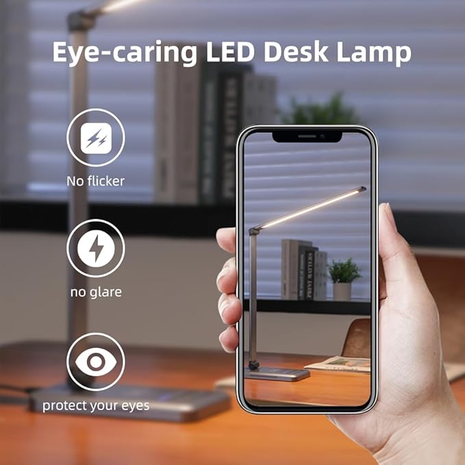 LED Desk Lamp with Wireless Charger, Dimmable Table Lamp Reading Lamp with USB Charging Port, 5 Lighting Modes, Auto-Off Timer, Study Lamp, Eye-Caring Office Lamp with Night Light