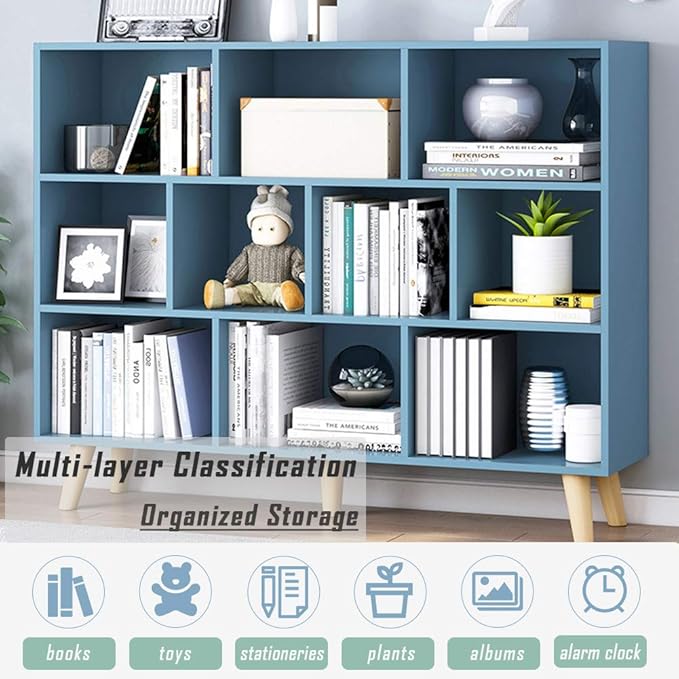IOTXY Wooden Open Shelf Bookcase - 3-Tier Floor Standing Display Cabinet Rack with Legs, 10 Cubes Bookshelf, Bright Blue