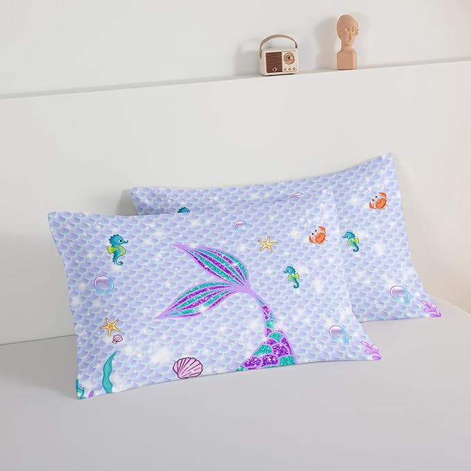 HOSIMA Mermaid Tail Comforter Set 3Pcs with 2 Pillowcases,Purple Fish Scales Bedding Set Cartoon Ocean Life Sea Animal Twin Comforter Set for Girls Kids Women,Mermaid Room Decor