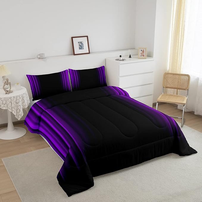 Geometric Abstract Ombre Comforter Set Kids Teens Purple and Black Striped Bedding Bed Set Decor Modern Fashion Comforter Inner Fill Bedroom Collection 2Pcs Twin Size