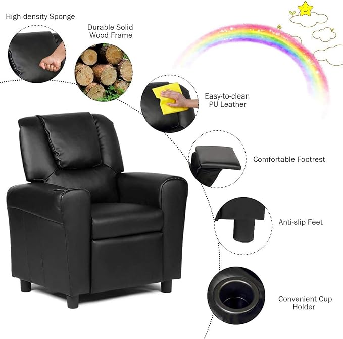 ARLIME Kids Recliner chair, toddler Armchair Upholstered Couch with Cup Holder, Backrest, baby Leather sofa with Headrest and Footrest, Child Furniture for Ages 2-7 (Black)