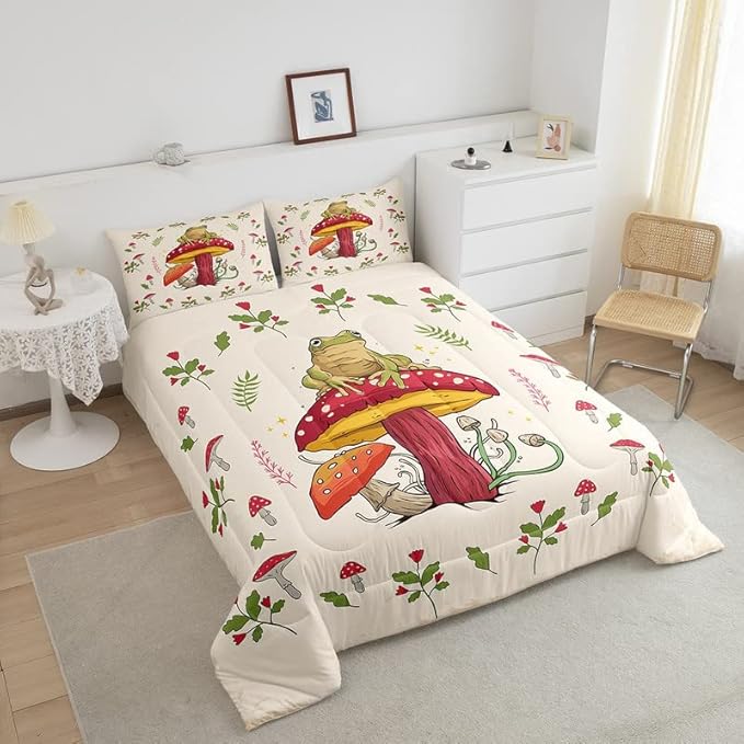 Feelyou Frog Print Bedding Set Kids Kawaii Decor Comforter Set Frog Mushrooms Comforter Cover Set for Room Decor Botanica Cute Mushroom Decor Beige Red Duvet Set Twin Size 2Pcs Quilt Set