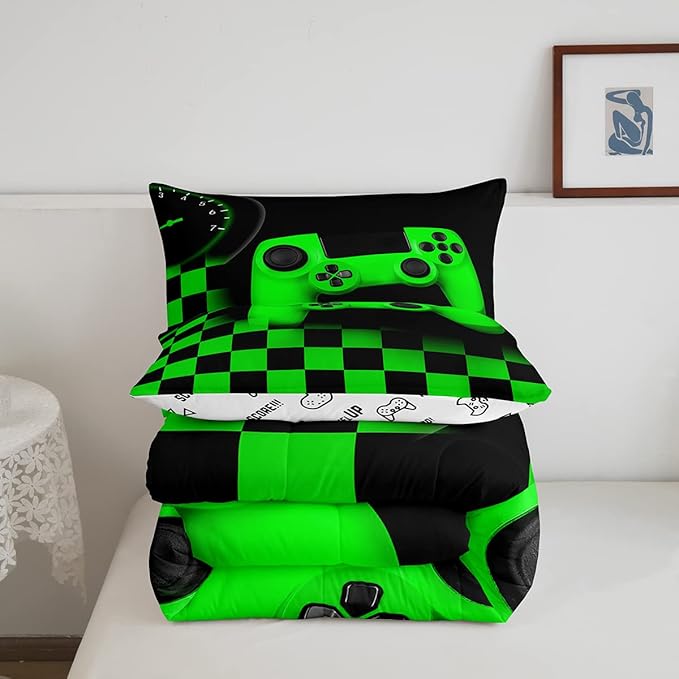 Gamer Comforter Set for Boys Home Decor Full 3pcs,Green Buffalo Plaid Check Novelty Bedding Set Microfiber Soft,Game Reversible Warm Duvet Insert,Gaming Gamepad Down Comforter with 2 Pillowcases