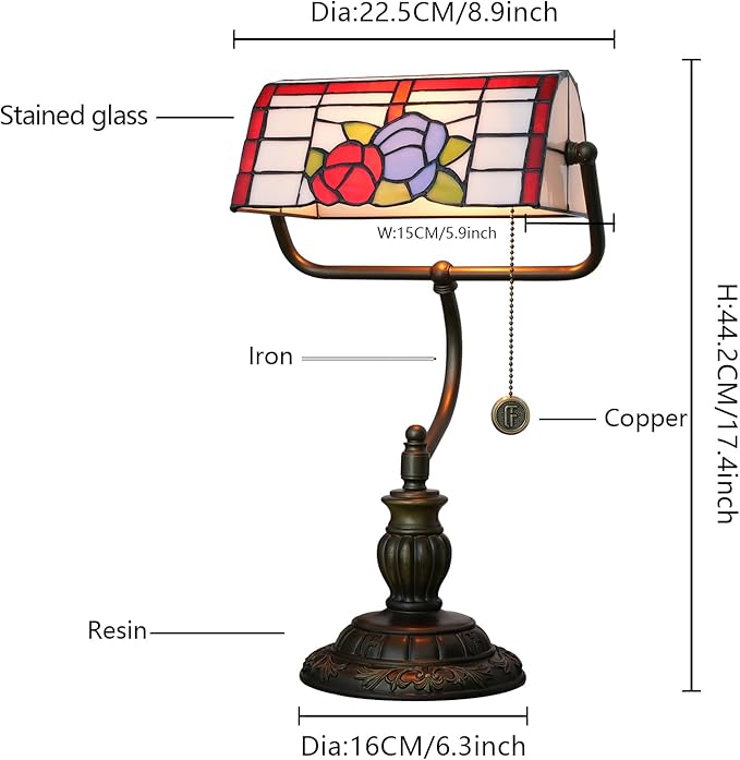 Bankers Lamp,Stained Glass Lamp,Dimmable Vintage Desk Lamp for Home Office Workplace Nightstand Bedroom Library Piano LED Bulb Included (roses)