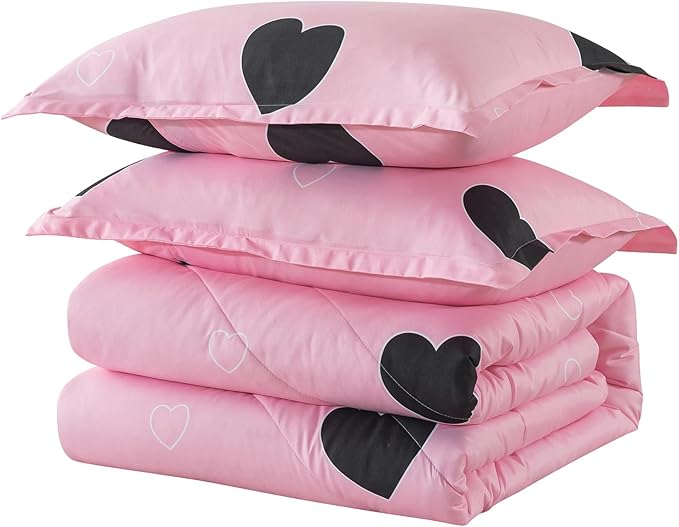 Love Pattern Girls Pink Comforter Set Queen Size, Blush Pink Cute Love Heart Sexy Comforter Bedding Set for All Seasons, Geometric Soft Microfiber 3 Pieces Comforter Set with Pillowcases