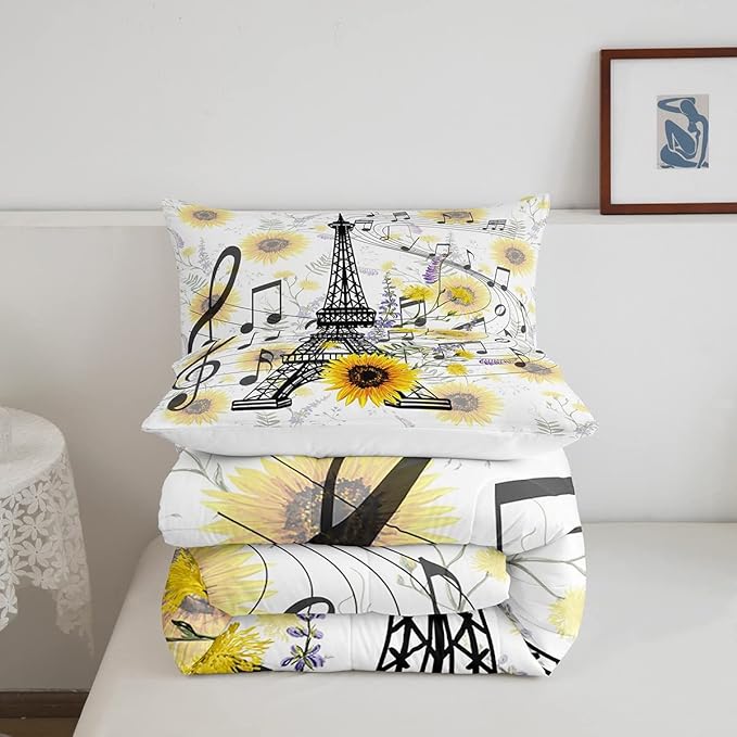 Eiffel Tower Kids Comforter Set Cute Sunflower Bed Sheet Set for Boys Children Teens Bedroom Decor Paris Tower Bedding Set Set Floral Music Themed Bed Cover Full Size with 3 Pillow Case