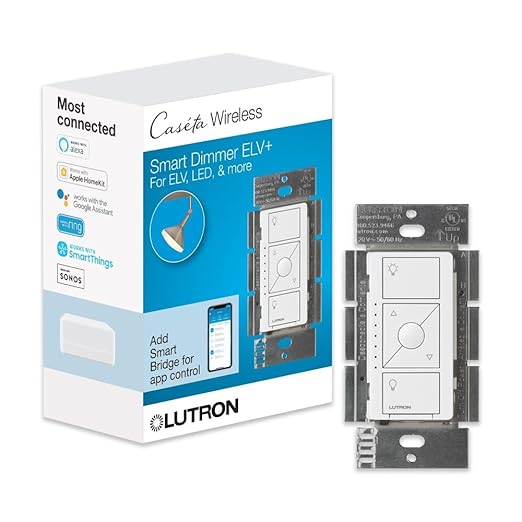 Lutron Caseta Original Smart Dimmer Switch ELV+ (Lutron Hub Required), 250W LED, Single-Pole/3-Way, Neutral Required, PD-5NE-WH, White