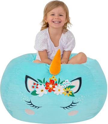 Aubliss Bean Bag Cover for Stuffed Animal Storage - Unicorn Bean Bag Velvet Cover (No Beans) - Large Stuff 'n Sit Organization for Kids Toy Storage (Large, Cyan)