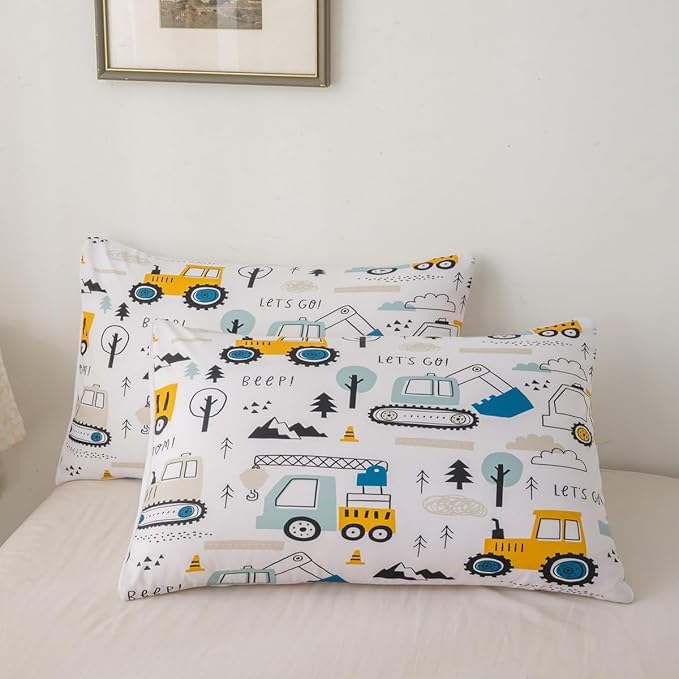 Feelyou Cartoon Car Kids Comforter Set Construction Bedding Set Decor Equipment Trucks Comforter Cartoon Car Excavator Tractor White Yellow Duvet Set Bedroom Quilt Set 2Pcs Twin