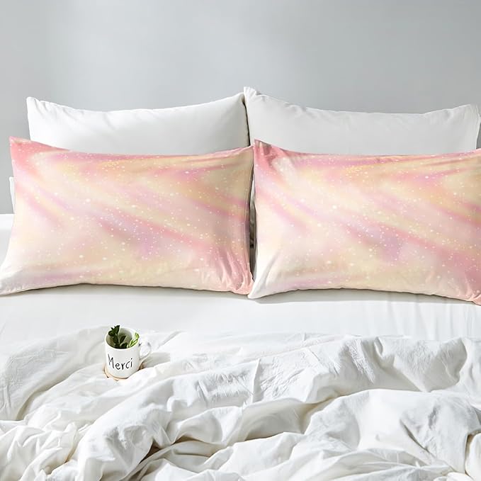 Girls Pastel Bedding for Kids Toddlers, Glitter Galaxy Space Bedding Comforter Sets Gradient Sparkle Comforter Set for Boys Girls Bedroom, Tie Dye Pastel Bedroom Decor 3 Pcs, Full ( Pink Yellow)