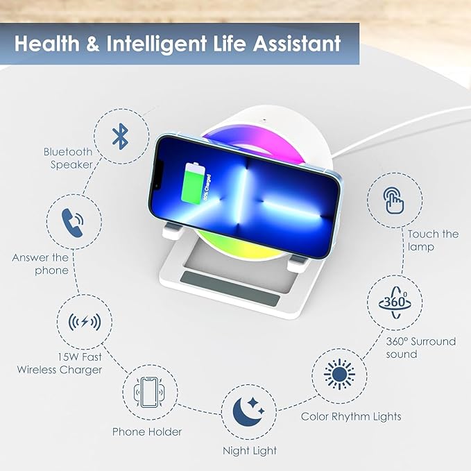 15 W Wireless Charger with Bluetooth Speaker and Night Light Induction Wireless Chargers with 5 RGB Light Modes Touch Dimmable Bedside Lamp Gifts for Women and Men
