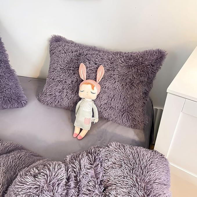 Faux Fur Kid Girls Purple Comforter Sets Queen - 3PC Bed Set Warm Comfortable Soft Plush Flannel Velvet Fluffy Fuzzy Bedding（Comforter x 1 Pillowcases x 2）